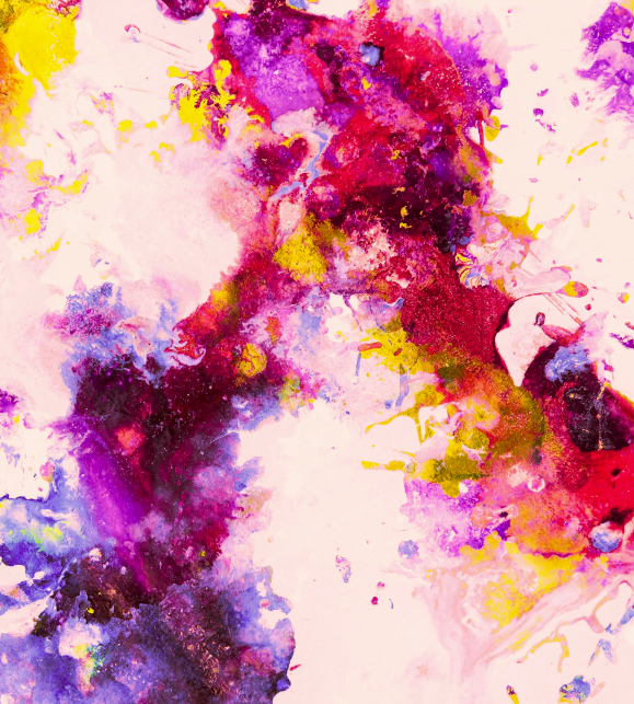 An abstract painting with a light background. The painting is characterized by a series of vibrant, saturated color patches, ranging from orange to yellow, green, blue, and purple. It incorporates principles of Feng Shui and colors theory.