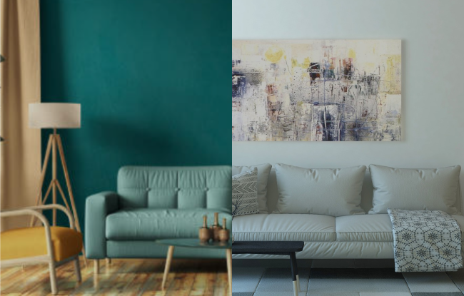 A before-and-after photo of a sofa area, displayed side by side. The transformation was achieved through Feng Shui and color selection.