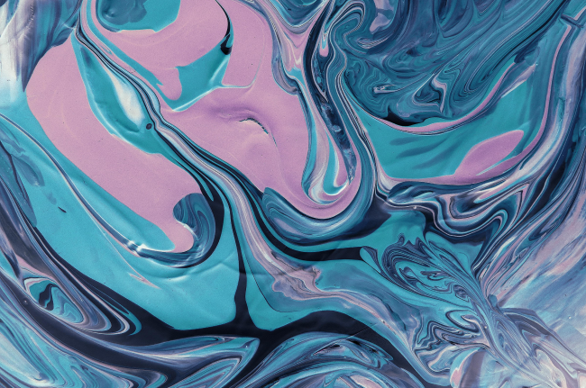 Abstract painting with cool colors. The colors seem to flow across the canvas, creating a range of shades from violet to midnight blue. Feng Shui and color harmony.