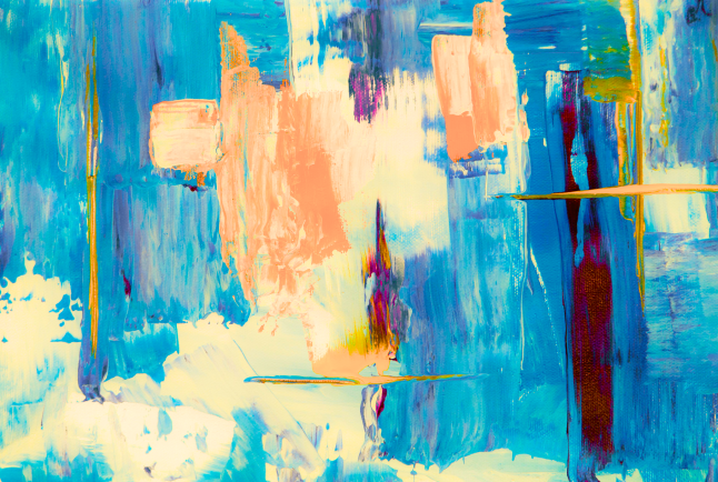 A painting with a yellow background and thick brushstrokes of blue, orange, red, and other colors.