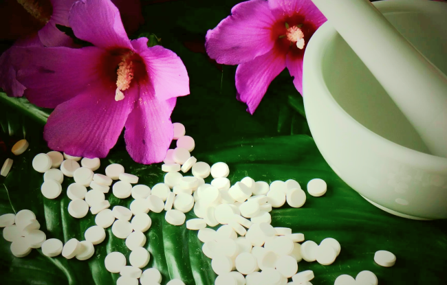 The Schüssler salts placed on green leaves, with a white ceramic bowl beside them.