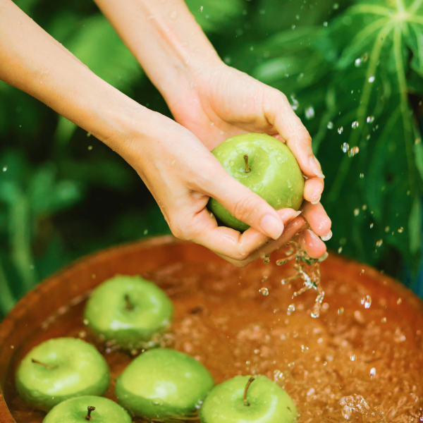 Women's hands washing an apple that was picked from a wooden basket.