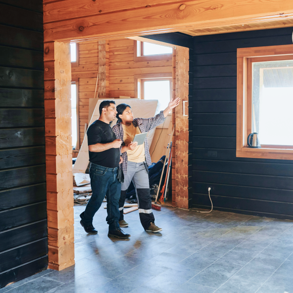 Feng Shui work. Renovations inside a wooden house with dark walls.