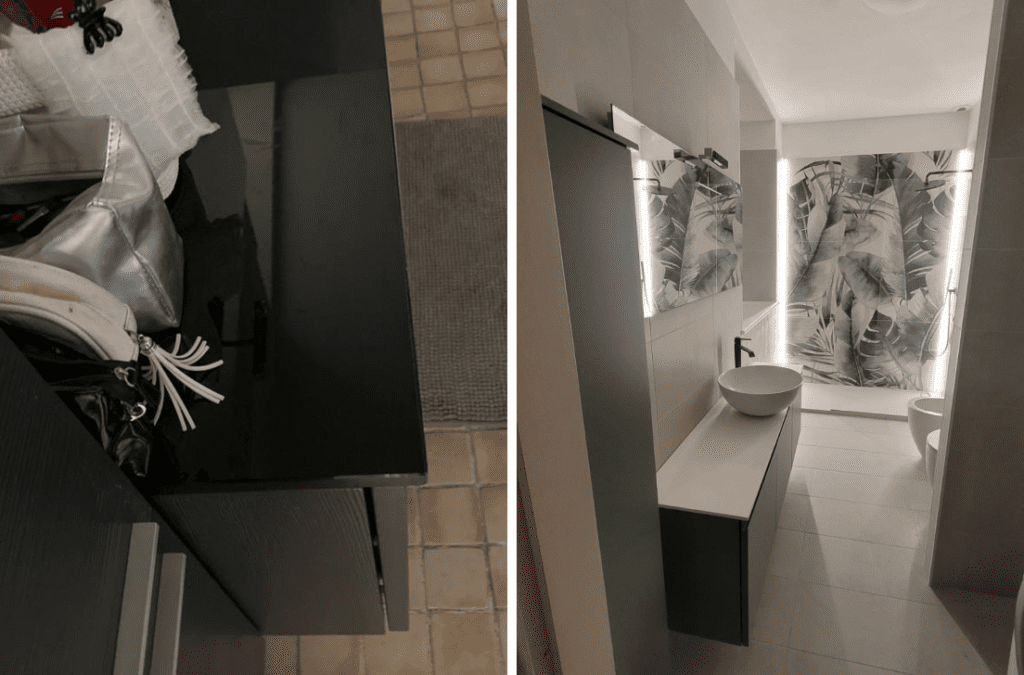 In this case, the door's opening made it difficult to enter the bathroom and effectively made it feel even smaller. This adjustment, combined with the sense of calm the green color would provide to the client, made this result possible.